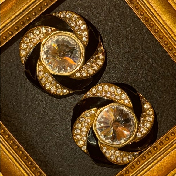 Vintage Jewelry - VTG Black Enamel and Crystal Swirl Earrings